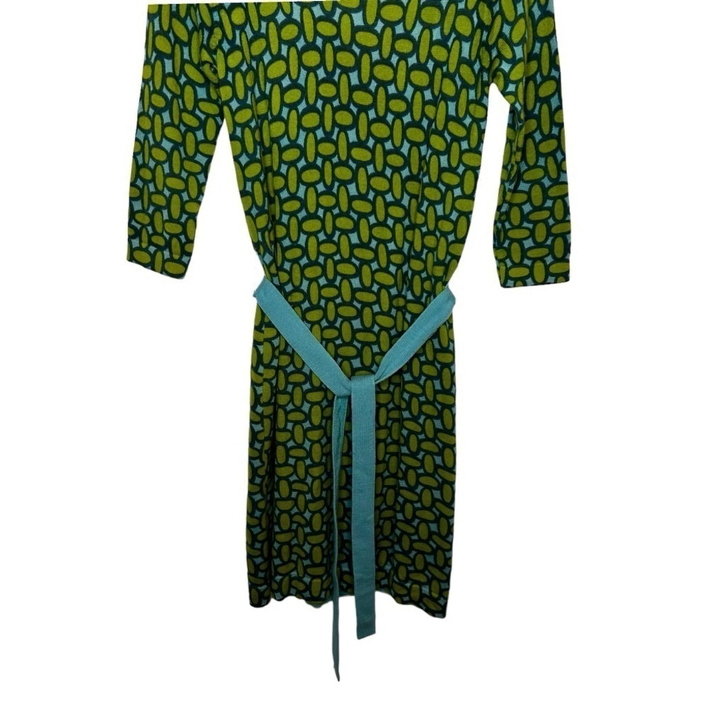 Boden Retro Green Blue Long Sleeve 100% Wool Art Deco Print MIDI Dress Size 4 - Picture 9 of 16